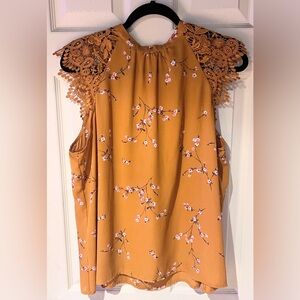 Express Mustard Floral Lace-Trim Halter Tank